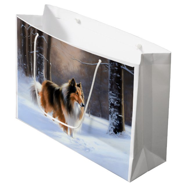 Rough Collie Let It Snow Weihnachten Große Geschenktüte (Vorderseite Schrägansicht)