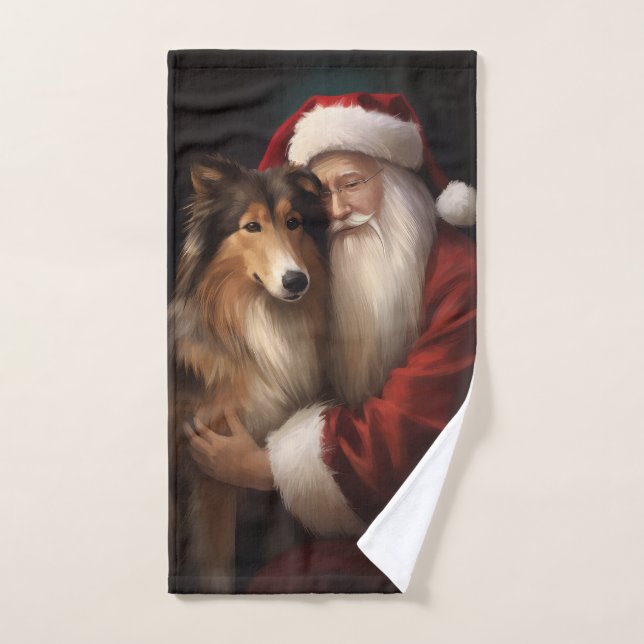 Rough Collie mit dem Weihnachtsmann Feierliche Wei Badhandtuch Set (Handtuch)