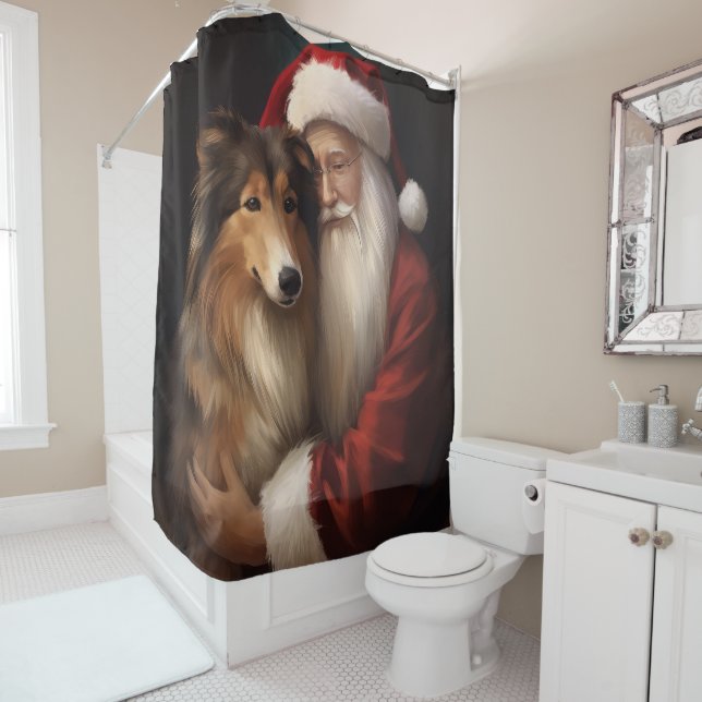 Rough Collie mit dem Weihnachtsmann Feierliche Wei Duschvorhang (Beispiel)