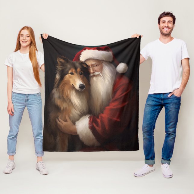 Rough Collie mit dem Weihnachtsmann Feierliche Wei Fleecedecke (Beispiel)
