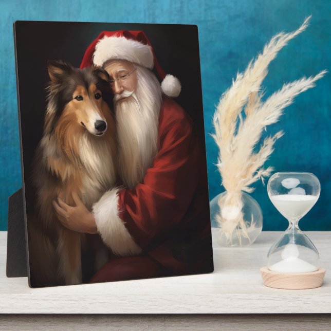 Rough Collie mit dem Weihnachtsmann Feierliche Wei Fotoplatte (Seite)