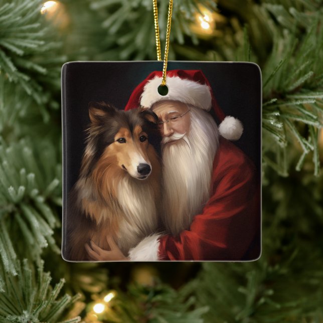 Rough Collie mit dem Weihnachtsmann Feierliche Wei Keramikornament (Baum)