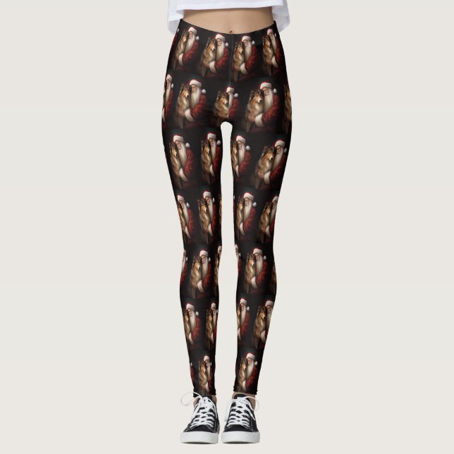 Rough Collie mit dem Weihnachtsmann Feierliche Wei Leggings (Vorderseite)