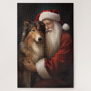 Rough Collie mit dem Weihnachtsmann Feierliche Wei Puzzle