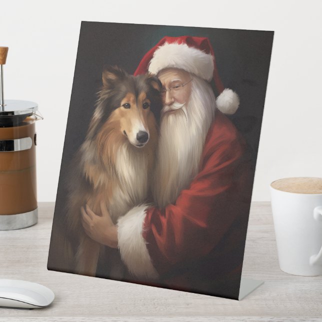 Rough Collie mit dem Weihnachtsmann Feierliche Wei Sockelschild (In Situ)