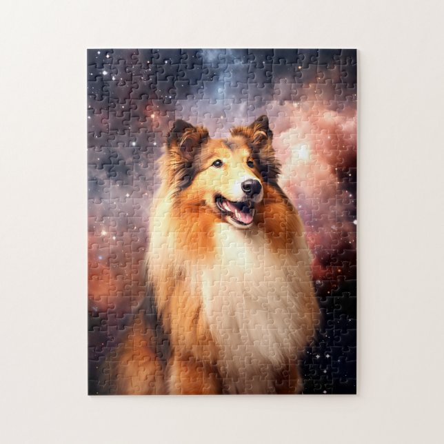 Rough Collie mit Hintergrundinformationen zum Welt Puzzle (Vertikal)