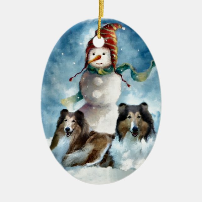 Rough Collie mit Snowman Christmas Keramik Ornament (Vorne)