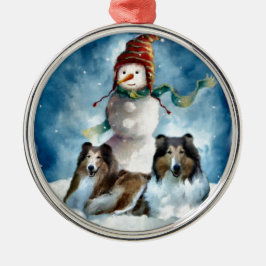 Rough Collie mit Snowman Christmas Ornament Aus Metall