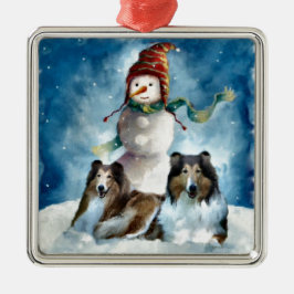 Rough Collie mit Snowman Christmas Ornament Aus Metall