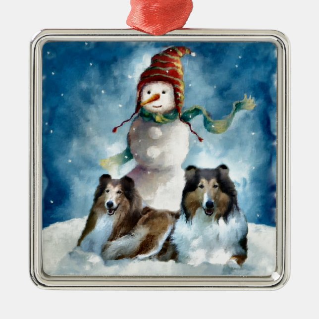 Rough Collie mit Snowman Christmas Ornament Aus Metall (Vorne)
