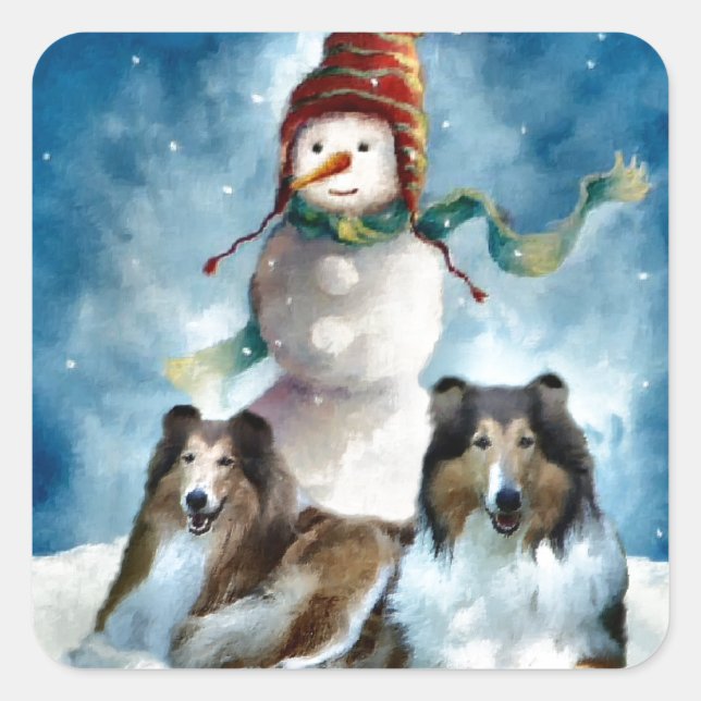 Rough Collie mit Snowman Christmas Quadratischer Aufkleber (Vorderseite)