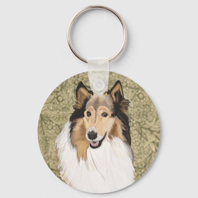 Rough Collie on a Brown Floral background Schlüsselanhänger (Vorderseite)