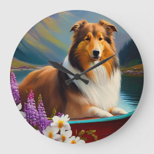 Rough Collie on a Paddle: Ein Landschaftliches Abe Große Wanduhr