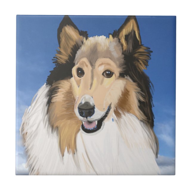 Rough Collie Portrait gegen den blauen Himmel Fliese (Vorderseite)