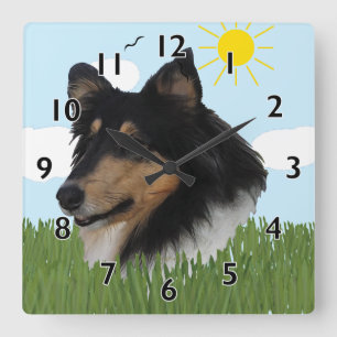 Rough Collie Portriat Quadratische Wanduhr