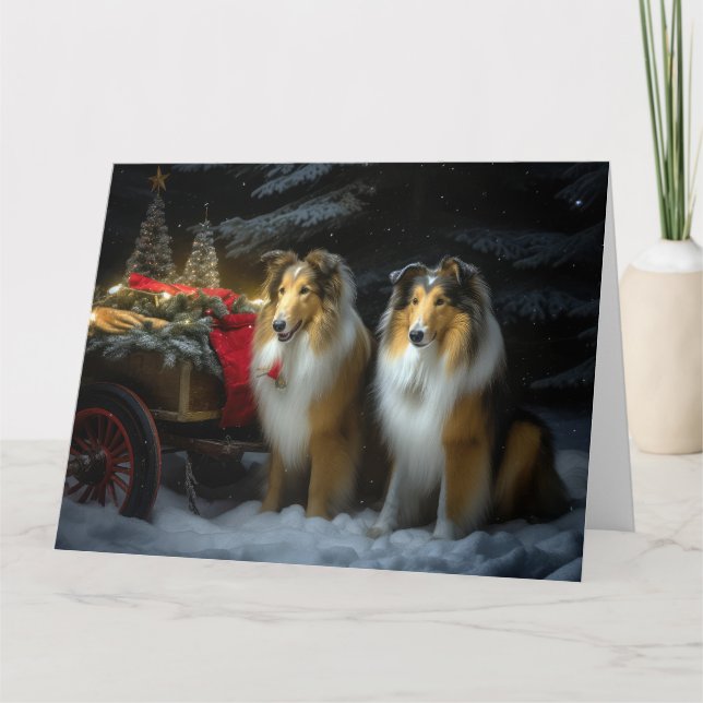 Rough Collie Snowy Sleigh Weihnachtsdekor Karte (Vorderseite)