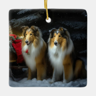Rough Collie Snowy Sleigh Weihnachtsdekor Keramikornament