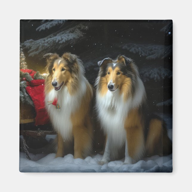 Rough Collie Snowy Sleigh Weihnachtsdekor Magnet (Vorne)