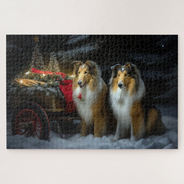Rough Collie Snowy Sleigh Weihnachtsdekor Puzzle (Horizontal)