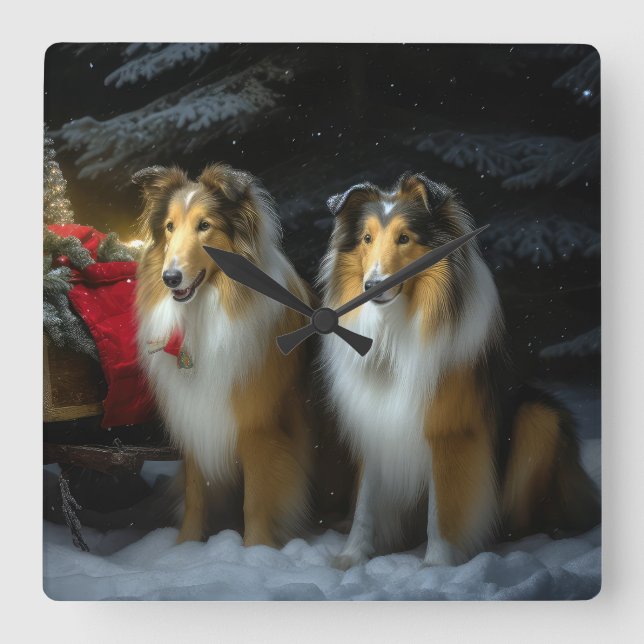 Rough Collie Snowy Sleigh Weihnachtsdekor Quadratische Wanduhr (Vorderseite)