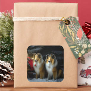 Rough Collie Snowy Sleigh Weihnachtsdekor Quadratischer Aufkleber
