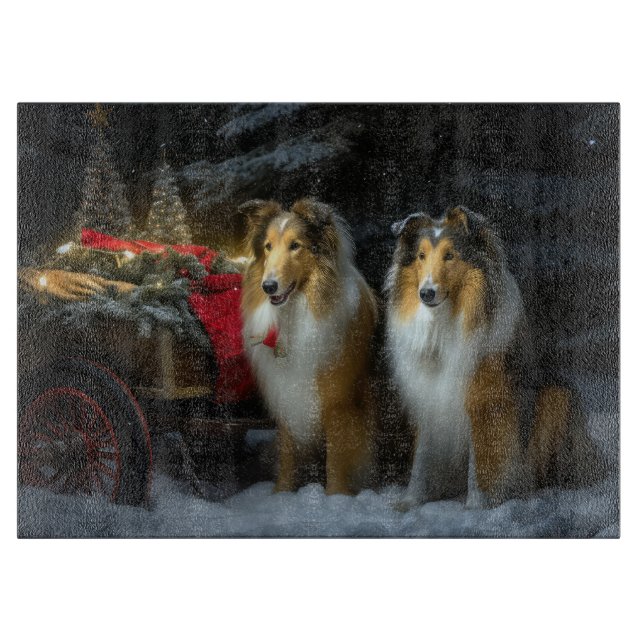 Rough Collie Snowy Sleigh Weihnachtsdekor Schneidebrett (Vorderseite)
