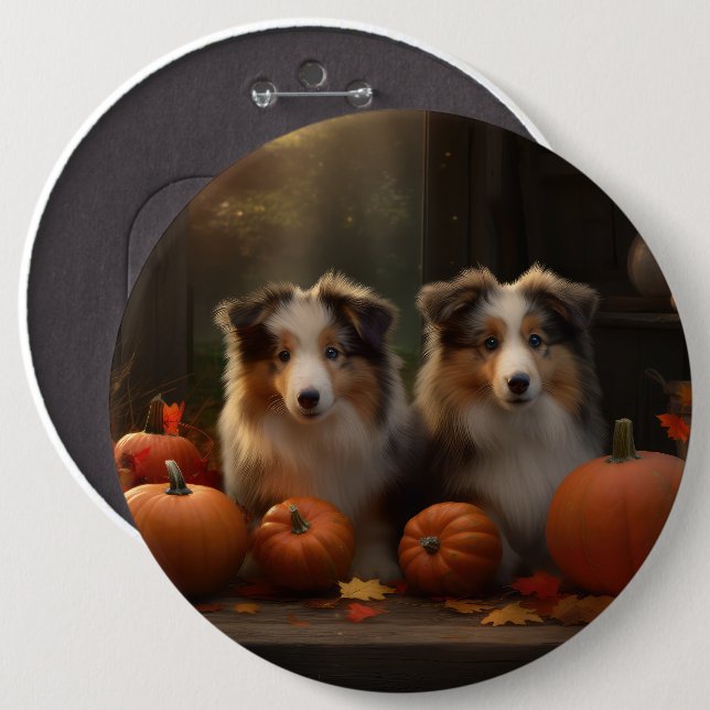 Rough Collie Welpe Autumn Delight Pumpen Button (Vorne & Hinten)