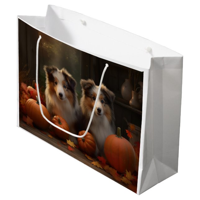 Rough Collie Welpe Autumn Delight Pumpen Große Geschenktüte (Vorderseite Schrägansicht)