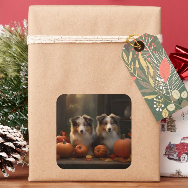 Rough Collie Welpe Autumn Delight Pumpen Quadratischer Aufkleber (Feiertag)