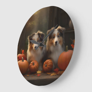 Rough Collie Welpe Herbstfreude Kürbis Große Wanduhr