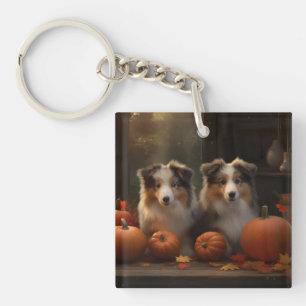 Rough Collie Welpe Herbstfreude Kürbis Schlüsselanhänger