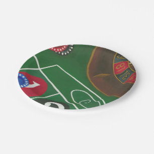 Roulette-Tabelle mit Chips und Rad Pappteller