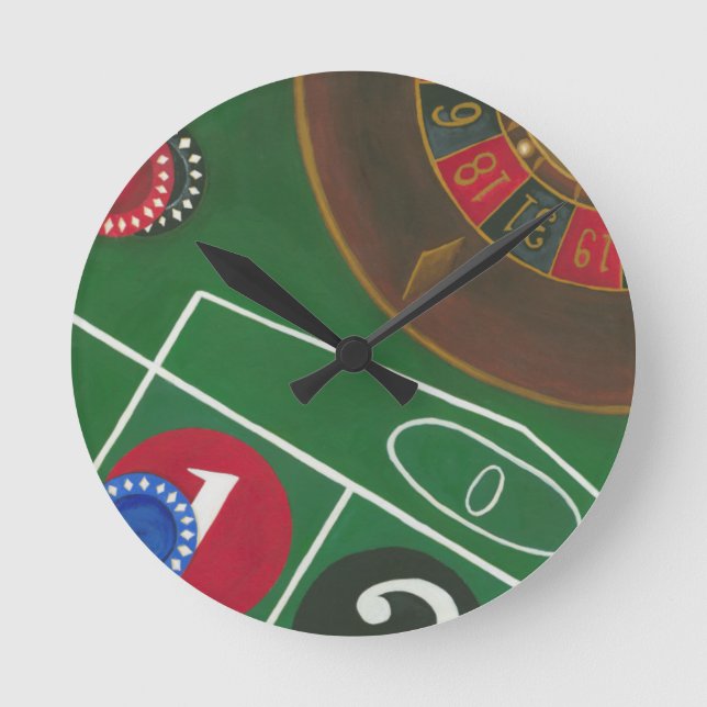 Roulette-Tabelle mit Chips und Rad Runde Wanduhr (Vorderseite)