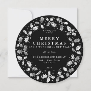 Round Black Frohe Weihnachts Holly Wreath Feiertagskarte