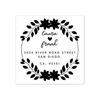 Round Blätter Couple Names Wedding Rücksendeadress Gummistempel