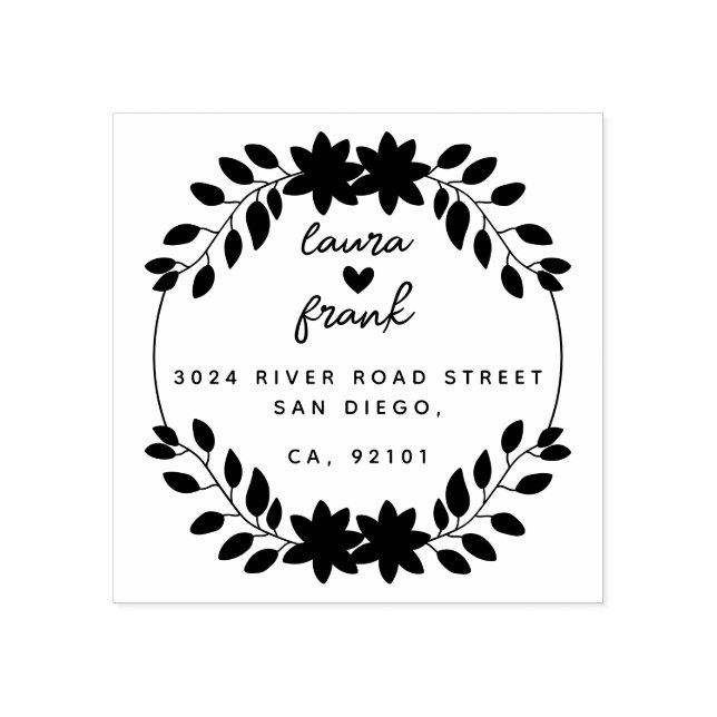 Round Blätter Couple Names Wedding Rücksendeadress Gummistempel (Prägung)