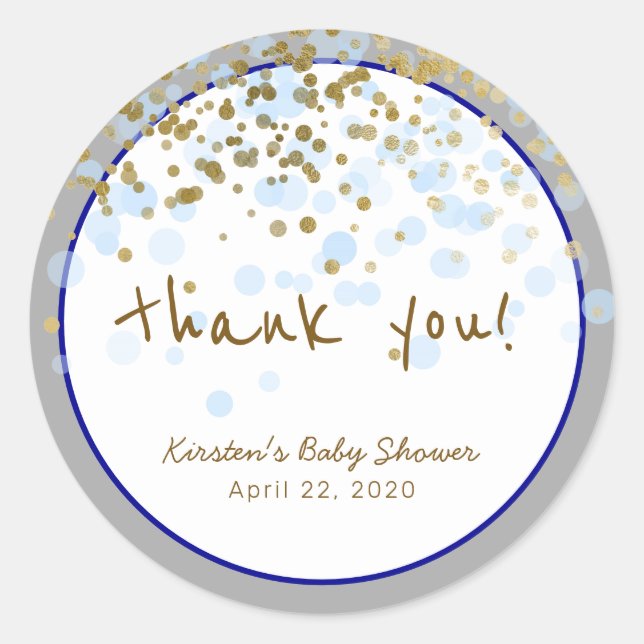Round Blue and Gold Baby Dusche Danke Stickers (Vorderseite)