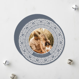 Round Blue + Off White Celtic Holiday Foto Card Feiertagskarte