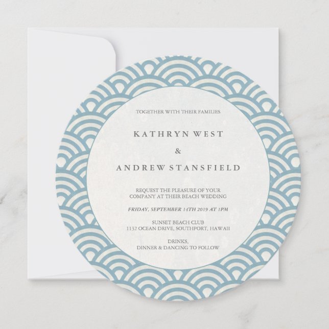 Round Blue + White Wave Muster Einladung Hochzeit (Vorderseite)