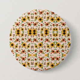Round button featuring a colorful floral pattern