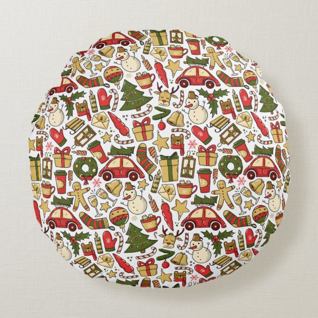 Round Christmas Doodle Pillow Rundes Kissen (Vorderseite)