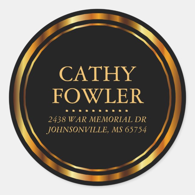Round Circle Address - Black and Gold Runder Aufkleber (Vorderseite)