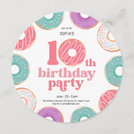 Round Donut Party Girl 10th Birthday Invitation Einladung