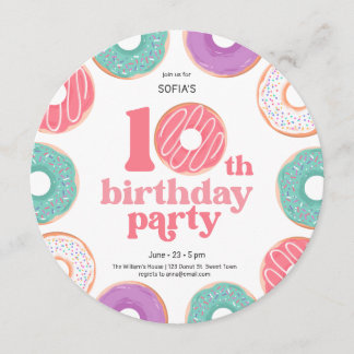 Round Donut Party Girl 10th Birthday Invitation Einladung