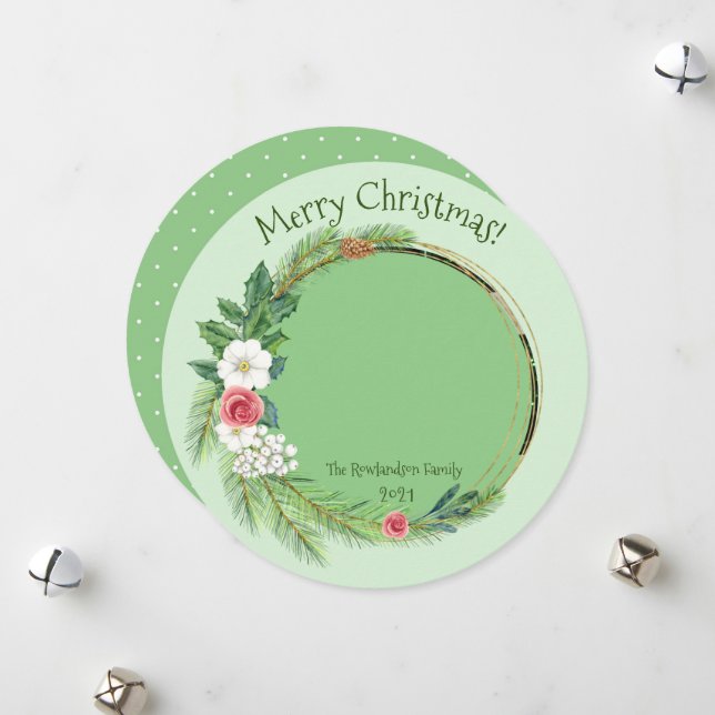 Round Floral Elegante Foto Weihnachten (Vorderseite/Rückseite Beispiel)