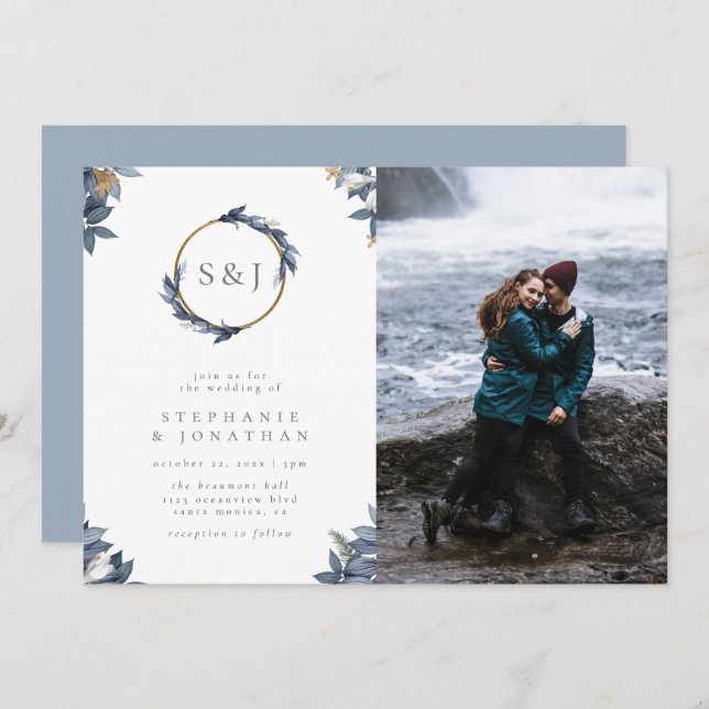 Round Gold Monogram & Blue Blätter Wedding Foto Einladung (Vorne/Hinten)