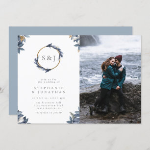 Round Gold Monogram & Blue Blätter Wedding Foto Einladung