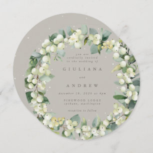 Round Greige Snowberry+Eucalyptus Wreath Wedding Einladung