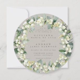 Round Greige Snowberry+Eucalyptus Wreath Wedding Einladung