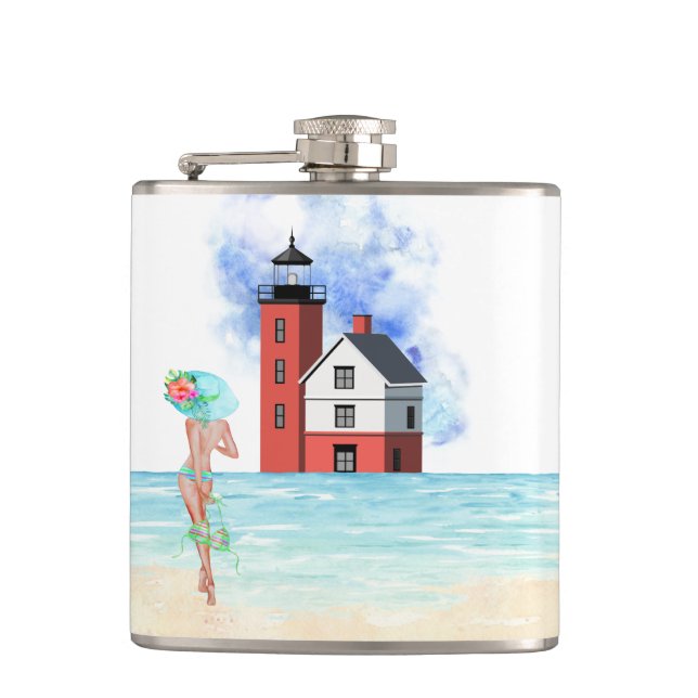 Round Island Lighthouse Vinyl Wrapped Flask Flachmann (Vorderseite)